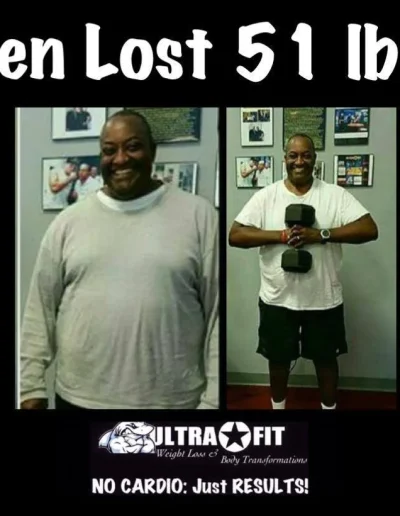 Before and after photos of a man showing weight loss success, holding dumbbells in the “after” photo.