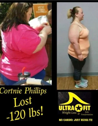 Before and after side profile photos of a woman showing significant weight loss transformation.