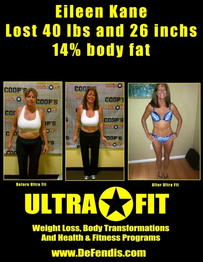 Woman’s weight loss transformation: before and after photos showing significant fitness progress, Ultra Fit program.