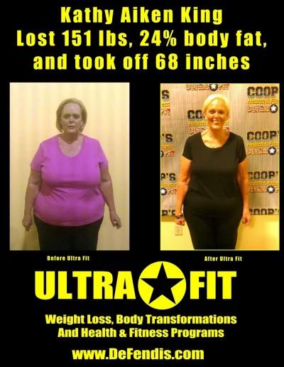 Two photos of a woman before and after weight loss, with text showing her progress and program details.