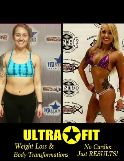 Two side-by-side photos show a woman before and after a fitness transformation, labeled “Ultra Fit.”.