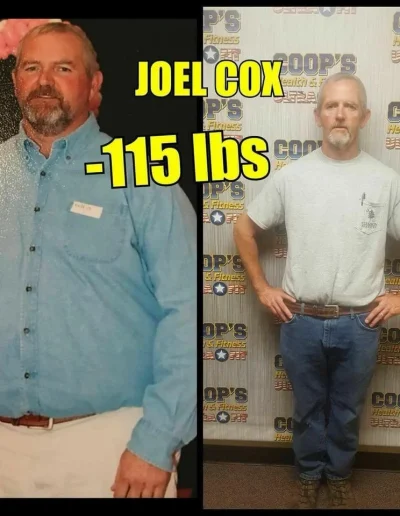 Side-by-side photos of a man before and after losing 115 lbs, standing in different clothes.