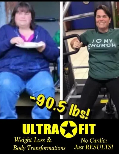 Woman before and after weight loss, holding food in first image, exercising in second; text reads “-90.5 lbs!”.
