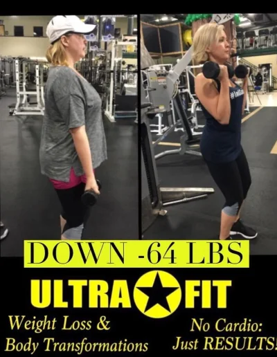 Woman in gym before and after weight loss, holding dumbbells. Text: “DOWN -64 LBS, ULTRA FIT, Weight Loss, No Cardio.”.