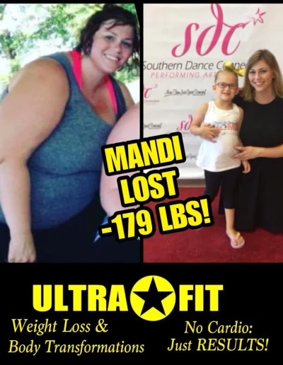 Before-and-after weight loss photos of a woman with text: “MANDI LOST -179 LBS!” and “ULTRA FIT.”.