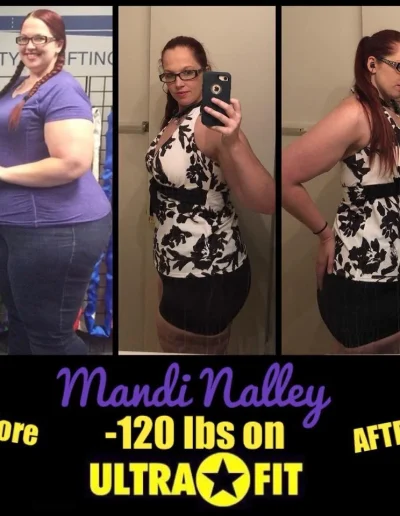 Woman shows weight loss progress in three side-by-side photos, labeled “Before” and “After -120 lbs on ULTRAFIT.”.