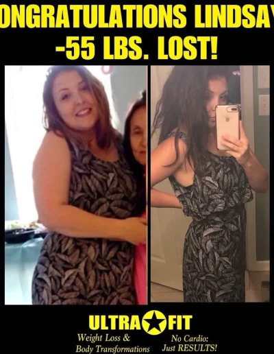 Two side-by-side photos of a woman showing weight loss progress in the same dress, with text above and below.