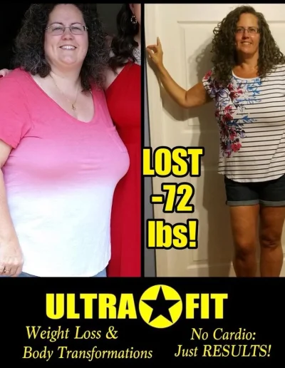 Before and after photos of a woman showing 72-pound weight loss, with Ultra Fit branding and text.