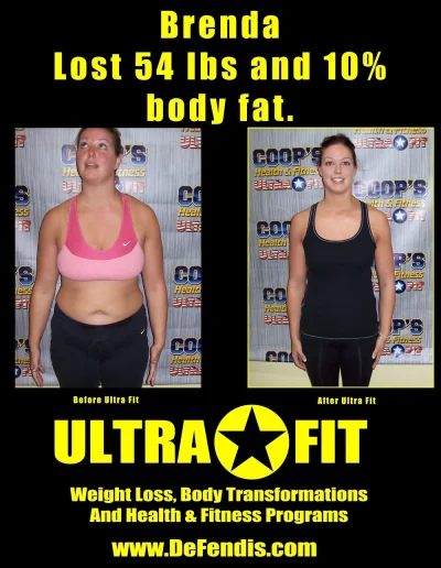 Two photos of a woman before and after weight loss, with text about her losing 54 lbs and 10% body fat.