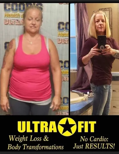 Woman before and after fitness transformation, wearing pink tank in one and purple top in the other.