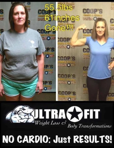 Woman’s before and after weight loss photos, showing significant transformation; “No cardio: Just results!” text.