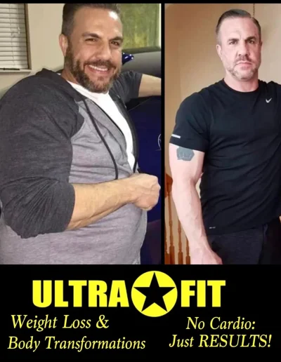 Man before and after weight loss, promoting Ultra Fit with “Weight Loss & Body Transformations” text.