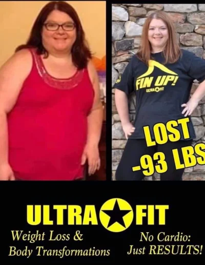 Before and after photos of a woman showing significant weight loss, with text stating “Lost -93 lbs!”.