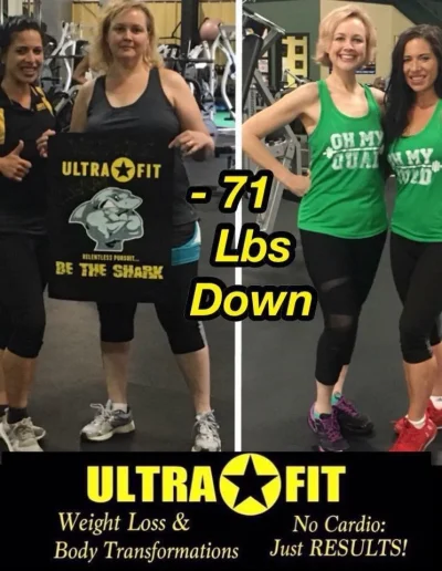 Two women show their weight loss progress at the gym, holding signs, with “-71 lbs down” text in the center.