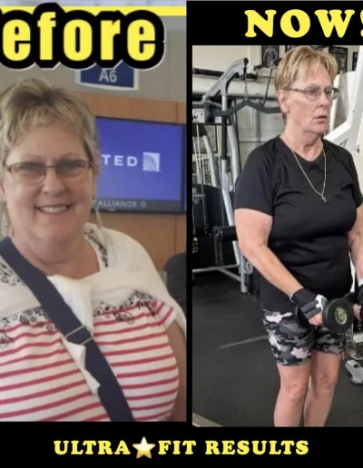 Woman before weight loss at airport, and after, looking fit and lifting dumbbells at the gym.