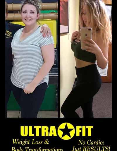Two side-by-side photos showing a woman’s weight loss transformation with UltraFit branding and text.