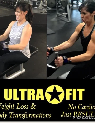 Woman working out on a rowing machine, before and after transformation, with UltraFit gym promotion text.
