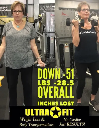 Two women lifting dumbbells at a gym with text showing their weight and inches lost, promoting Ultra Fit.