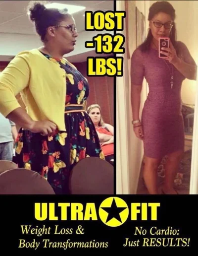 Before and after photos of a woman showing significant weight loss, promoting Ultra Fit program.