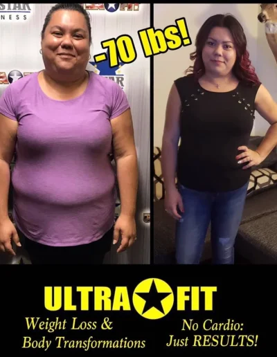 Woman before and after 70 lbs weight loss; left: in purple shirt, right: in black shirt, looking slimmer.