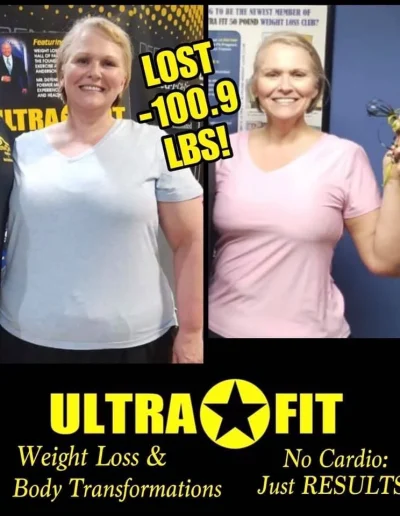 Woman before and after losing 100.9 lbs, smiling, wearing light shirts; Ultra Fit weight loss ad.