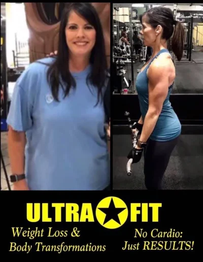 Side-by-side of woman before and after fitness, showing weight loss and muscle gain at the gym.