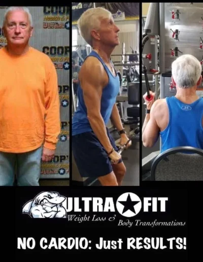 Man before and after fitness training; standing, lifting weights, and using a machine; UltraFit logo below.