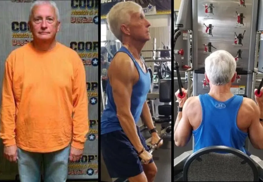 Man in orange shirt, then in gym working out in a blue tank, showing fitness transformation.