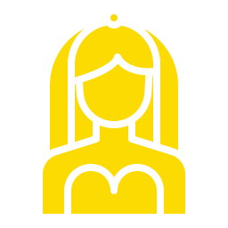 Yellow icon of a bride with long hair, a veil, and a strapless dress on a light background.