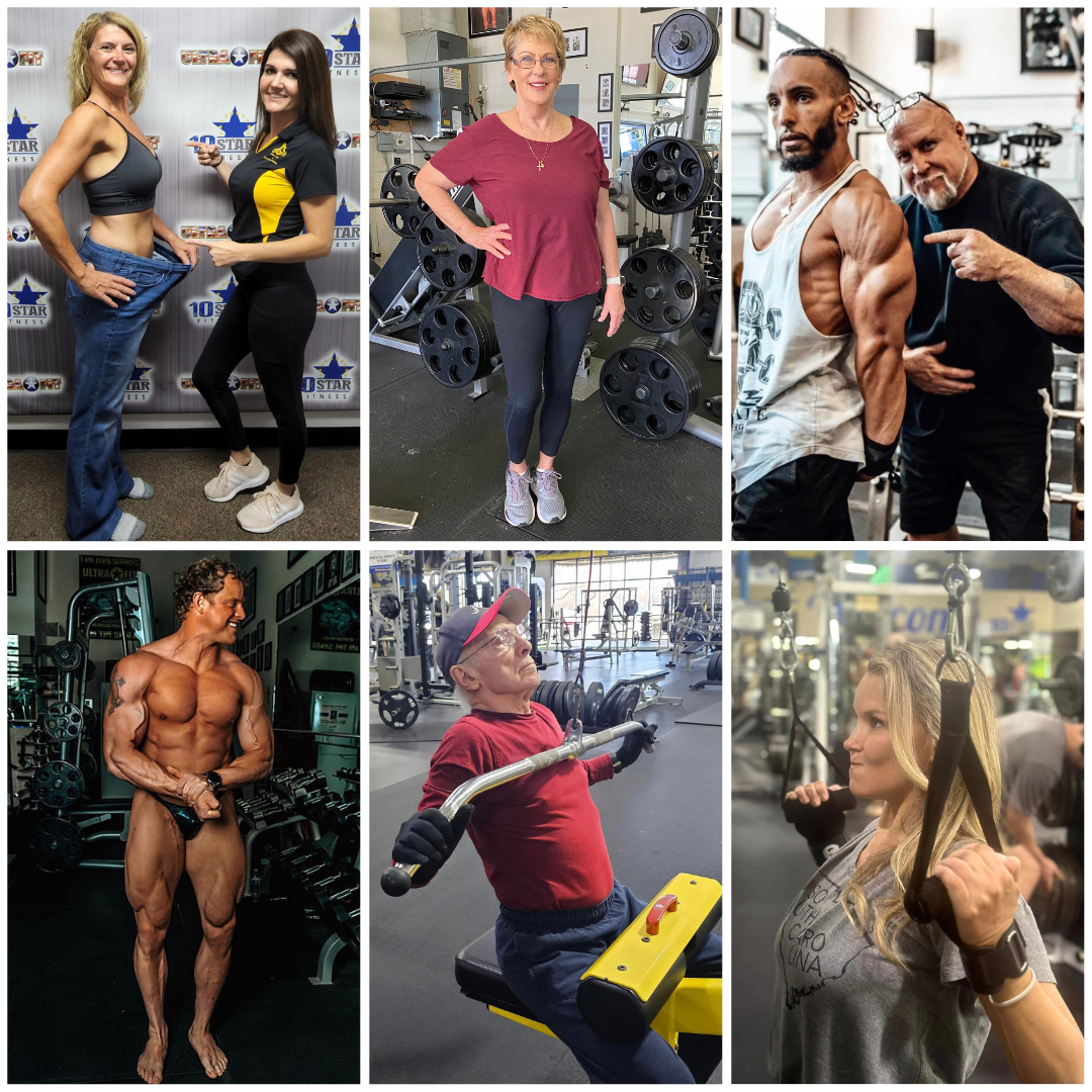 Six people of varying ages working out and posing in gym settings, showcasing strength and fitness.