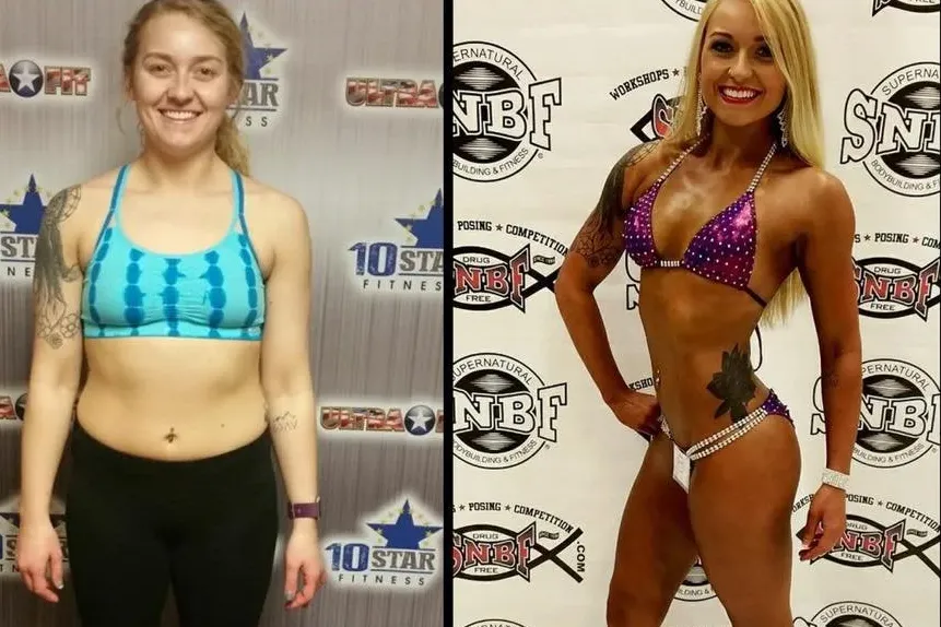 Woman before and after fitness transformation, standing in sportswear against competition backdrops.