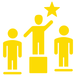 Three yellow figures; center figure stands on a podium, raising an arm to a star, others stand lower.
