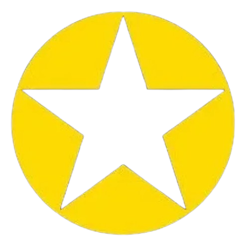 A yellow circle with a white five-pointed star cut out in the center, on a light background.