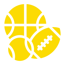 Yellow icons of a basketball, tennis ball, and football overlapping on a light gray background.