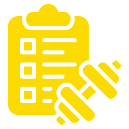 Yellow clipboard with a checklist and a dumbbell, symbolizing fitness or workout planning.