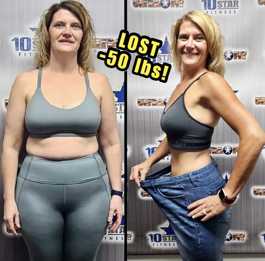 Woman shows weight loss progress: before and after photos with her holding loose jeans, text says “LOST -50 lbs!”.