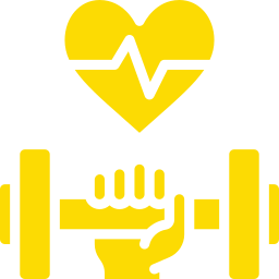 Yellow heart with heartbeat line above a hand lifting a dumbbell, symbolizing fitness and health.