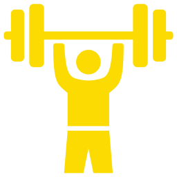 Yellow icon of a person lifting a barbell overhead, representing weightlifting or strength training.