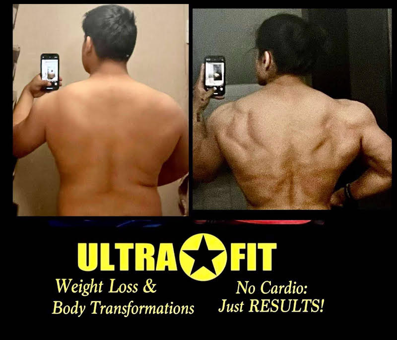 Back view before and after fitness results; ULTRA FIT logo and text on weight loss and body transformation.