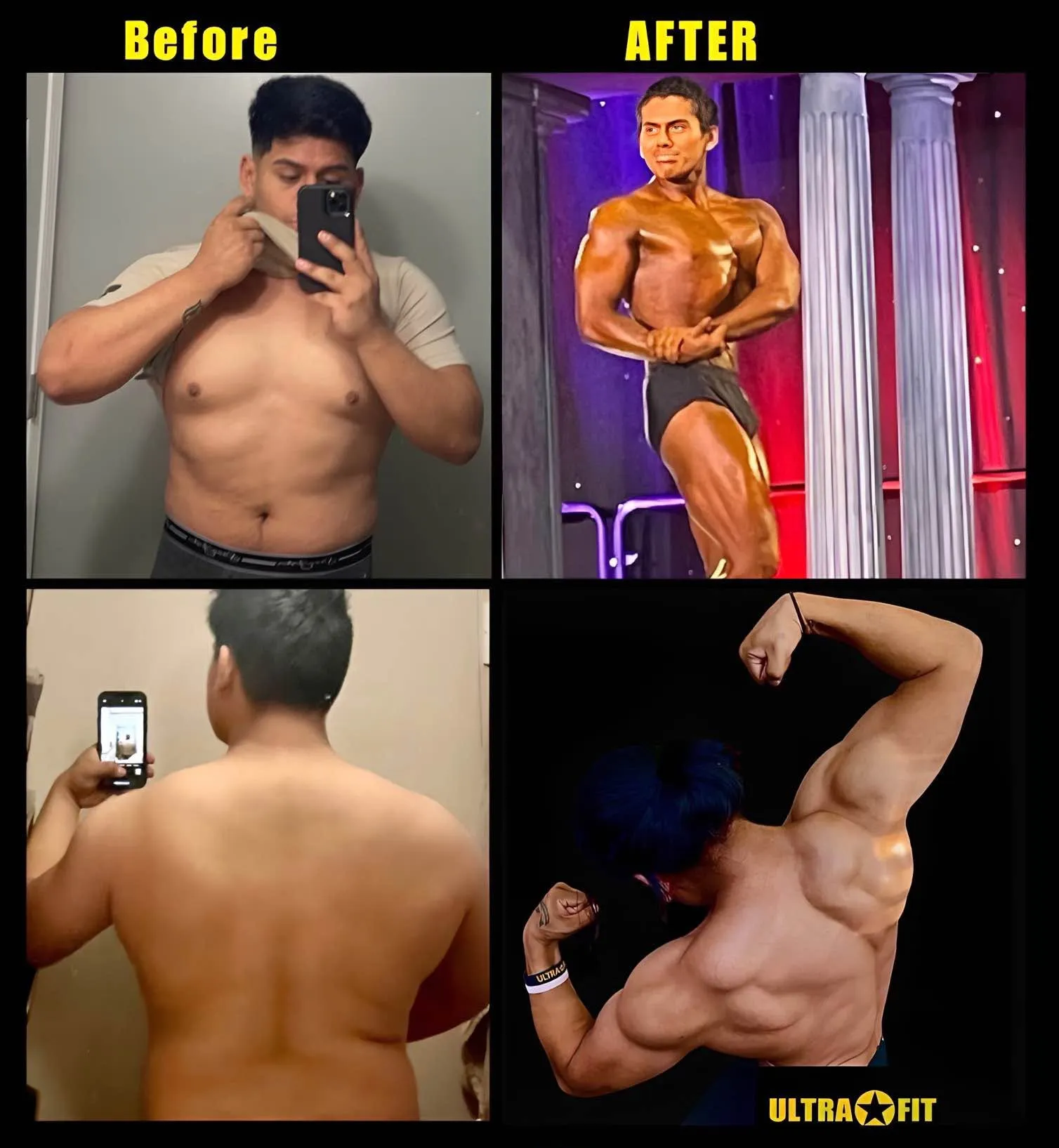 Four photos show a man’s body transformation, from heavier before to muscular after, including flexing poses.
